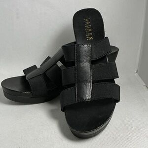 Lauren Ralph Lauren Black Leather and Elastic Platform Wedge Sandals Size 7